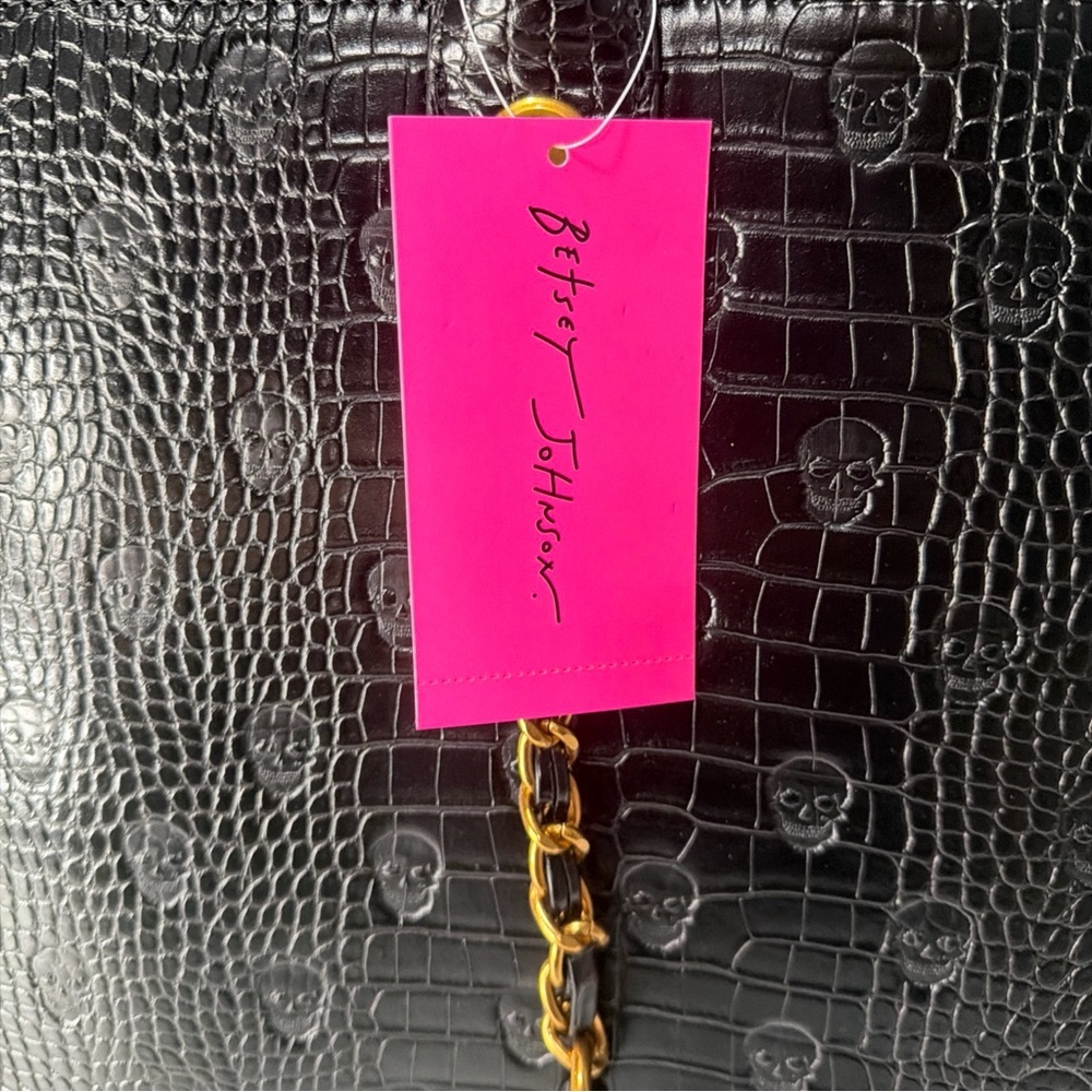 Betsey Johnson Black Croc-Embossed Tote with Gold Chain Accents - Picture 5 of 11